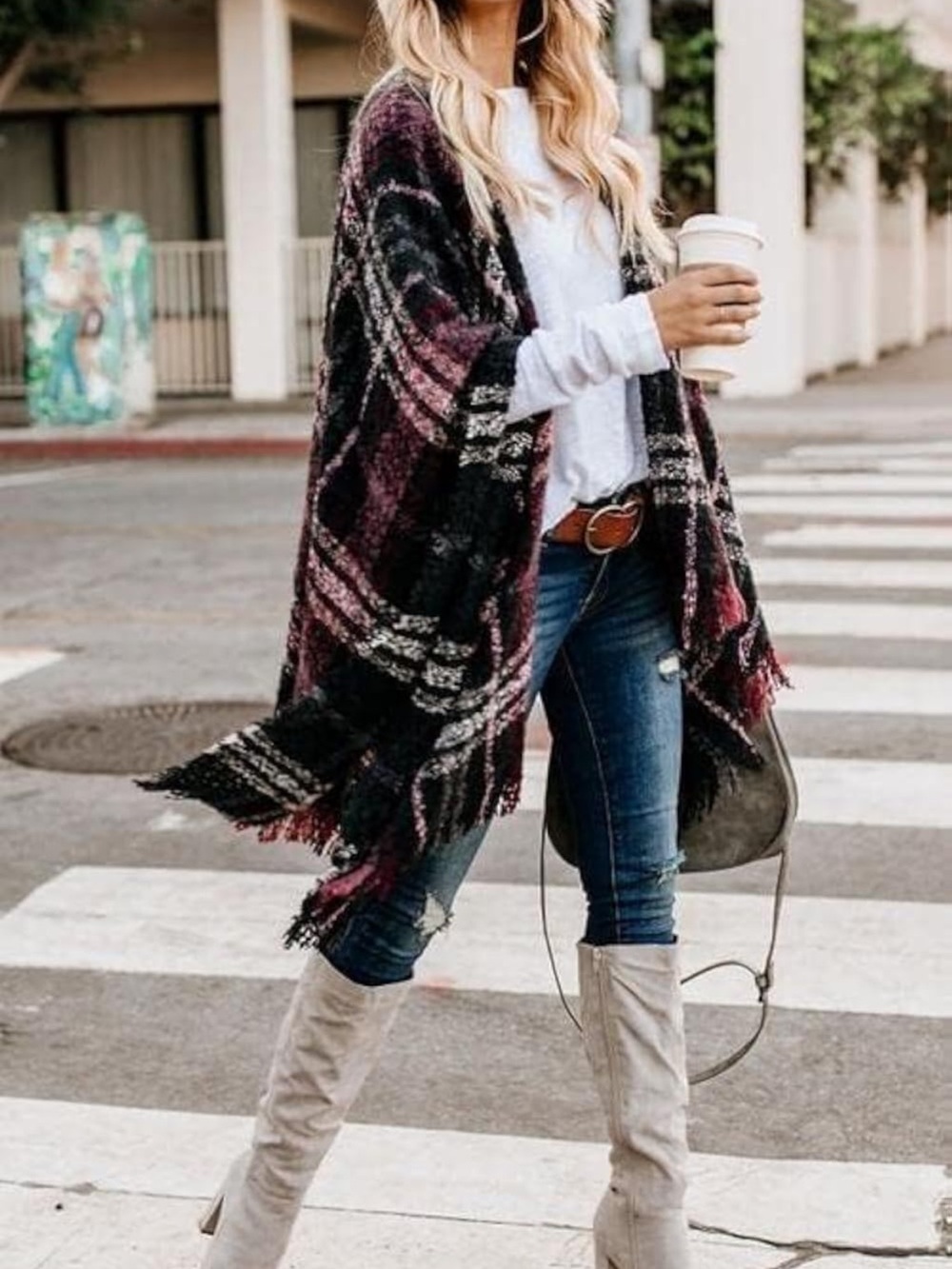 Plaid Open-Front Knit Wrap Sweater - Burgundy/Black